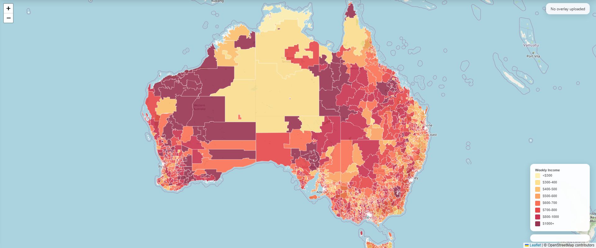 Actual SNData map showing weekly income by Australian postcode, using ABS data
